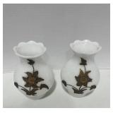 Two Vintage Hollywood Regency Style Milk Glass Hurricane Shades with Bronze Accents