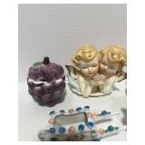 5 Vintage Figurines; Jam Pot, Occupied Japan Wheel Barrow and Settee, Homeco Boy, Japan Angels