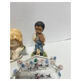 5 Vintage Figurines; Jam Pot, Occupied Japan Wheel Barrow and Settee, Homeco Boy, Japan Angels