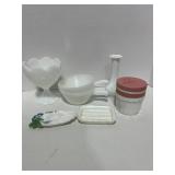 5 Misc. Milk Glass Pieces; Soap Dishes, Fire King, Lady Ether Face Cream, Bud Vase and Candy Dish