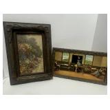 Two Vintage Wooden Framed Pictures; Oil Painting of Flowered Path and Old Country School