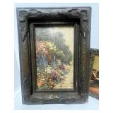 Two Vintage Wooden Framed Pictures; Oil Painting of Flowered Path and Old Country School
