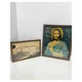 Beautiful Antique Framed Mountain Photo 7" X 11"and Framed Religious Picture 10" X 12"