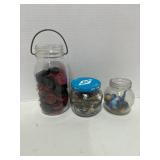 Three Jars of Vintage Wooden Checkers, Buttons and Some Marbles