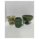 3 Vintage Green Pottery Pieces; McCoy Vase and Barrell Mug and Green Planter