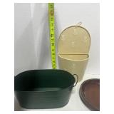 Two Tin Catch Alls and a Pottery Planter Base