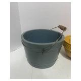 Cute Blue Wooden Bucket and McCoy Hanging Planter
