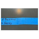(4) Double-Back Booth seats,  (1) Single Boot seat; 5 Wall-mounted Tables
