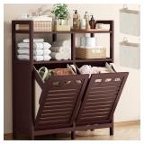 $138 Homykic Tilt-Out Laundry Hamper, Bamboo Double with 2 Removable Baskets, 20 Gal, Espresso