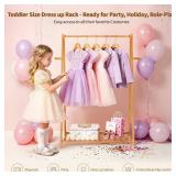 Bamboo Wood Kids Clothes Hanging Rack, Free-Standing Garment Rack for Bedroom & Living Room