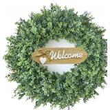 23" Large Boxwood Wreath for Front Door & Porch Window - Leaves Greenery Outdoor Decor