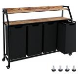 Timberer 4-Section Laundry Sorter with Wheels, 2 Shelves, Oxford Bags, Black/Rustic Brown