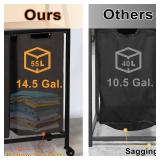 Timberer 4-Section Laundry Sorter with Wheels, 2 Shelves, Oxford Bags, Black/Rustic Brown