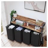 Timberer 4-Section Laundry Sorter with Wheels, 2 Shelves, Oxford Bags, Black/Rustic Brown