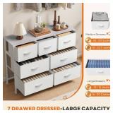 Sweetcrispy 7-Drawer Dresser with Fabric Bins, Steel Frame, Wood Top, White