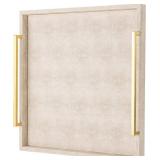 Large Ottoman Tray for Coffee Table,Square Shagreen Leather Decorative Tray with Gold Handles for Living Room Decor
