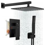 FPXRNG Black Shower Faucet Set, Rainfall Shower System with Square Shower Head and Handle Set, Wall Mounted Shower Fixtures, Full Metal Trim Repair Kit 10 inch Matte Black (With Shower Valve)