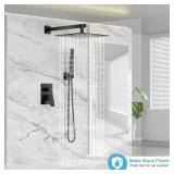 FPXRNG Black Shower Faucet Set, Rainfall Shower System with Square Shower Head and Handle Set, Wall Mounted Shower Fixtures, Full Metal Trim Repair Kit 10 inch Matte Black (With Shower Valve)