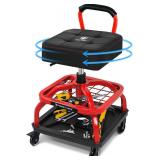 $120 Rolling Shop Stool with Wheels, Garage Mechanic Shop Chair with Handle Backrest, Adjustable Height Work Stool, Roller Seat with Tool Tray Storage, Heavy Duty, 330 LBS Capacity, Red