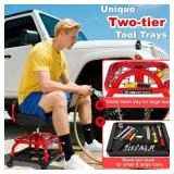 $120 Rolling Shop Stool with Wheels, Garage Mechanic Shop Chair with Handle Backrest, Adjustable Height Work Stool, Roller Seat with Tool Tray Storage, Heavy Duty, 330 LBS Capacity, Red
