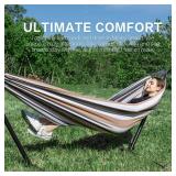 PNAEUT Double Hammocks with Stand for Outside, Portable Space Saving Heavy-Duty Steel Frame for Indoor Outdoor Patio Yard, Easy Assembly, 2 Person 450 lbs Capacity (Coffee)
