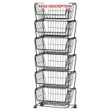 PUSDON 6-Tier Tall Stackable Wire Storage Baskets with Wheels, Vertical Metal Rolling Utility Cart, High Capacity Produce Basket for Kitchen Pantry, Snack Organizer, Matte Black