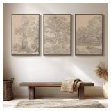 $150 2 PCS!! Large Vintage Framed Neutral Landscape Wall Art for Living Rooms, 2 Piece Retro Big Tree Sketch Botanical Forest Antique Canvas Artwork Set, Rustic Nature Wabi Sabi Art Prints for Hallway
