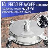 Hourleey 14" Pressure Washer Surface Cleaner, Stainless Steel Surface Cleaner with 4 Wheels for Concrete, Patio, Sidewalk, Deck, Pathway 1/4" Quick Connector, 2 Extension Wand, 4000 PSI