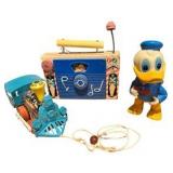 Vintage Toys - Fisher Price Radio, Pull String Locomotive & Donald Duck Toy