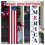 Two Sided Patriotic Porch Sign, 47.2" Wooden 4th of July Front Door Decor, 250th Independence Day Long Vertical Red White Blue USA Flag God Bless America Home Outdoor Yard Decorations