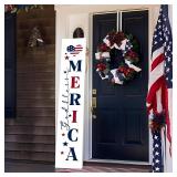 Two Sided Patriotic Porch Sign, 47.2" Wooden 4th of July Front Door Decor, 250th Independence Day Long Vertical Red White Blue USA Flag God Bless America Home Outdoor Yard Decorations