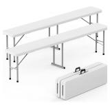 HLPB Folding Bench 6 ft, Foldable Plastic Bench with Handle and Smooth HDPE Tabletop, Protable in/Outdoor Picnic Party Camping Dining Seat, 2 Pack, White