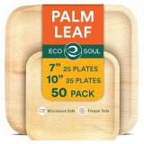 ECO SOUL Palm Leaf Like Bamboo Plates, 7 & 10 Inch Square, 50 Pack Bulk Disposable Dinnerware Combo, Compostable Biodegradable Natural Wooden Tableware, Party Pack for Catering, Wedding, Events