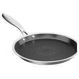 COOKER KING 11" Round Griddle Pan, 3-Ply Hybrid Stainless Steel Crepe Pan with Stay-Cool Handle, Non Stick & Non Toxic for Pancake, Eggs, All Stovetop & Induction Compatible, Oven & Dishwasher Safe