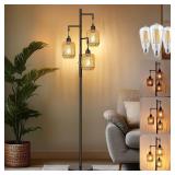 ROTTOGOON Dimmable Boho Floor Lamp - 3 Light Farmhouse Rattan Floor Lamp for Living Room, Industrial Tree Floor Lamps with 3 X 6W LED Bulbs, Rustic Standing Tall Lamp for Bedroom, Office, 68", Black