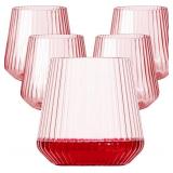 Lueumxc 40 Pack Plastic Ribbed Wine Glasses, 14Oz Origami Disposable Wine Glasses Unbreakable Clear Plastic Cocktail Glasses Recyclable Shatterproof Reusable Wine Cups (14oz-pink-40pack)