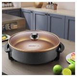 14" Large Electric Skillet with lid, Ceramic Nonstick Coating Electric Frying Pan, 1500W Quick & Even Heating, 5 Adjustable Temperature Control, Tempered Glass Lid & Cool-Touch Handles