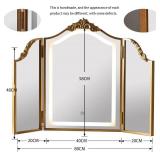 $178 HSDDHOME Antique Gold Triple Fold Makeup Mirror with Tri-Color LED Lighting & Dimming, Baroque Carved Arch Vintage Vanity Mirror, Bohemian Decor for Bedroom/Dressing Room, 31x23 Inch