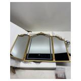 $178 HSDDHOME Antique Gold Triple Fold Makeup Mirror with Tri-Color LED Lighting & Dimming, Baroque Carved Arch Vintage Vanity Mirror, Bohemian Decor for Bedroom/Dressing Room, 31x23 Inch