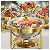 $122 Chafing Dish Buffet Set 4 Pack, 5QT Gold Round Chafing Dishes for Buffet, High Grade Chafers and Buffet Warmers Sets with Glass Lid, Rolled-Edge Food Warmers for Parties, Weddings, Catering