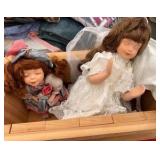 Lot of 2 Porcelain Sleeping Dolls and Doll Pillow