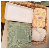 Lot of Shower supplies, Basket, and Glassware