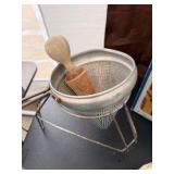 Vintage Aluminum Cone Colander Strainer with Stand & Wooden Pestle