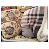 Throw Pillows, Plaid Fuzzy Blanket & Blue Blanket & Bin