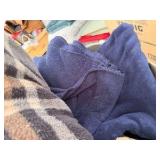 Throw Pillows, Plaid Fuzzy Blanket & Blue Blanket & Bin