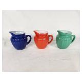 Set of Vintage Colored Creamers in Blue, Red, and Green - About 3 1/2" tall