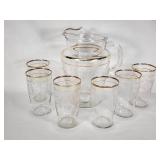 Set of Vintage Glass Pitcher and Glasses with Gold Trim