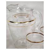 Set of Vintage Glass Pitcher and Glasses with Gold Trim