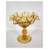 Amber Glass Compote Dish with Ruffled Edge