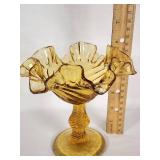 Amber Glass Compote Dish with Ruffled Edge
